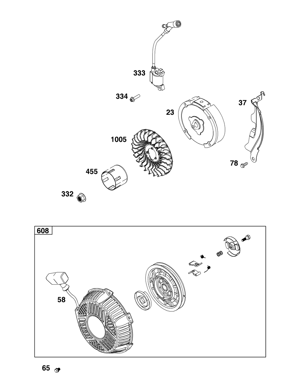 Flywheel, Ignition, And Starter Group Diagram and Parts List for 10R232-0001-H5 100000 - 19Z999 Briggs and Stratton Engine